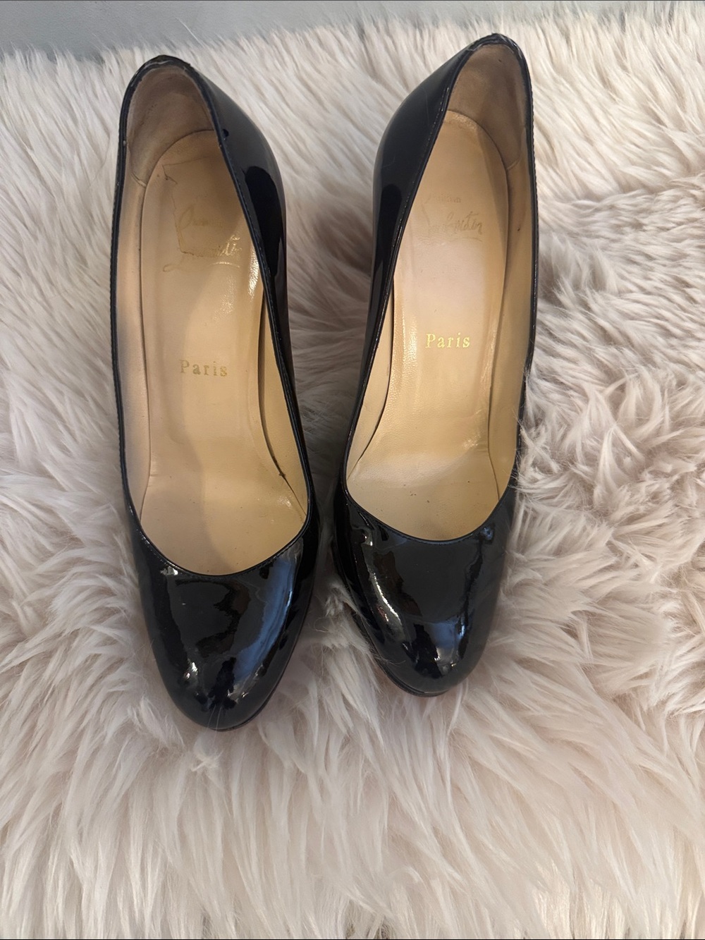 Christian Louboutin Black Patent Leather Round-Toe Pumps